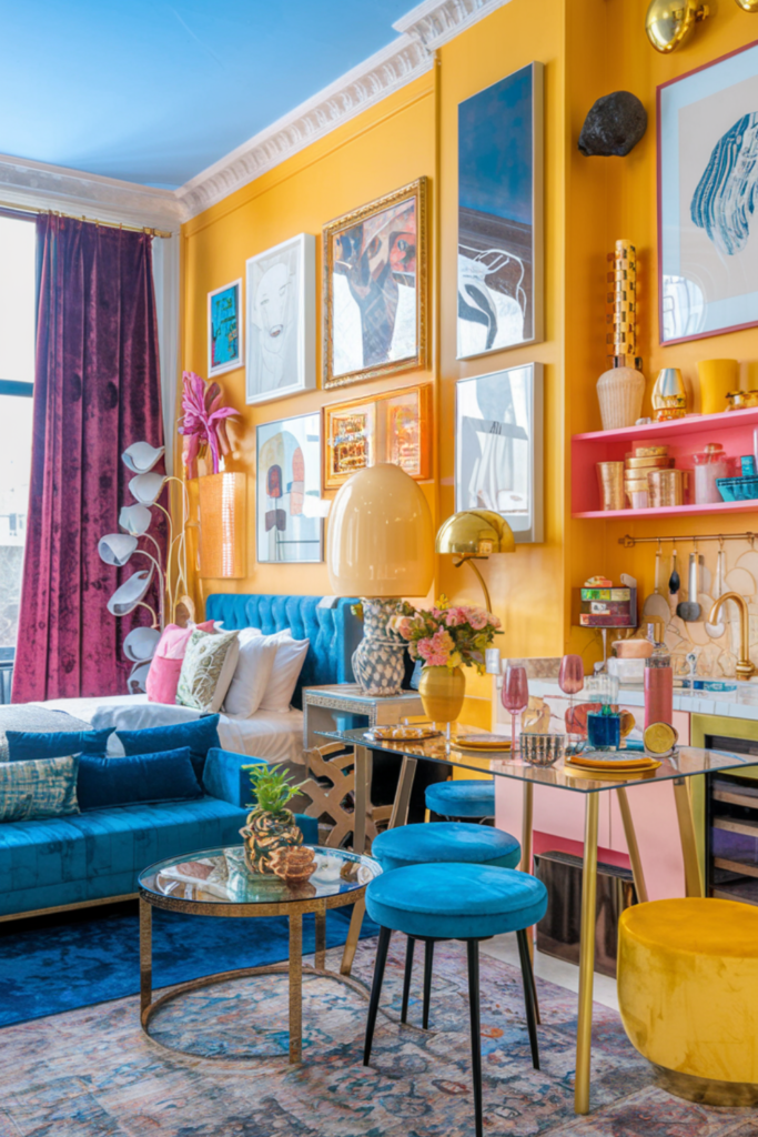 A maximalist living room with bold yellow walls and a gallery of colorful, eclectic artwork. A velvet blue tufted sofa is accented with pillows in various colors and textures. Pink curtains frame a large window. The room features gold, glass, and pink furniture with a mix of decorative elements like vases, books, and plants. A blue ceiling contrasts with the rich tones of the room.