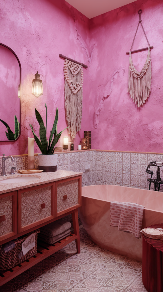 A boho-style bathroom with pink textured walls and macramé wall hangings. A freestanding pink bathtub sits in the corner, and a wooden vanity with woven drawers holds towels and other essentials. Patterned tile flooring complements the eclectic style, while potted plants and candles add a serene vibe.