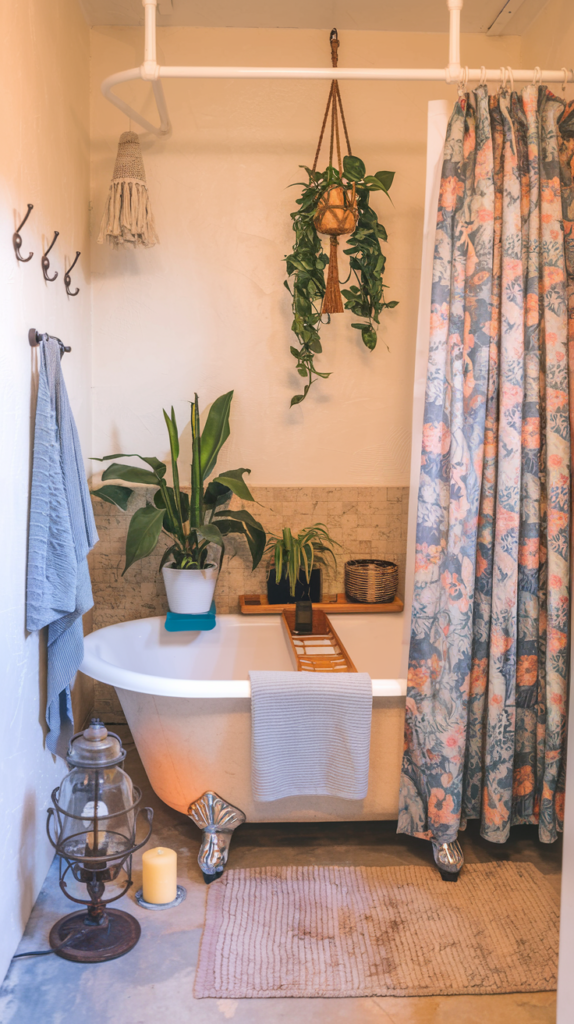 A cozy boho-style bathroom featuring a freestanding clawfoot tub with shiny silver feet. The tub is surrounded by earthy tones, with beige tiled walls and a floral-patterned shower curtain. Above the tub, a macramé plant hanger holds a vibrant green trailing plant, adding a natural touch. The tub tray is adorned with small potted plants and a woven basket. A blue towel hangs on the side of the tub, and a matching textured bath mat lies on the floor. A vintage-style lantern and a candle sit nearby, enhancing the warm and serene atmosphere.