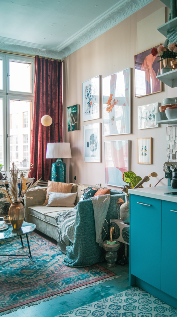 A cozy, eclectic living space with soft beige walls and a gallery wall of abstract and botanical artwork. A neutral-toned sofa is layered with mismatched cushions and textured throws. Burgundy curtains frame a large window, bringing in natural light. The room features a glass coffee table with decorative vases, a vintage-inspired rug with teal accents, and a small, vibrant blue kitchenette in the corner, adding a pop of color. A mix of greenery and pampas grass decorates the space.