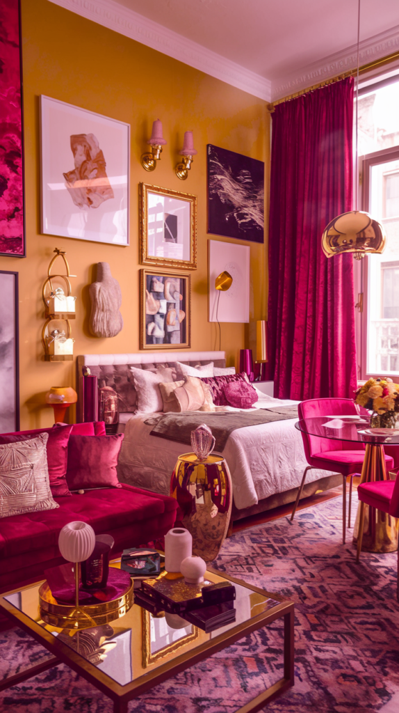 A glamorous maximalist studio with golden yellow walls adorned with a gallery of eclectic art and frames. A luxurious bed is layered with plush pillows and a textured white comforter, surrounded by bold magenta accents, including a velvet sofa and chairs. Rich burgundy curtains frame a large window, adding depth and drama. A mirrored coffee table with gold trim holds elegant decorative items, while a gold reflective side table and pendant lamp enhance the room's opulent vibe. A patterned rug with shades of pink and purple ties the space together, creating a bold and sophisticated ambiance.