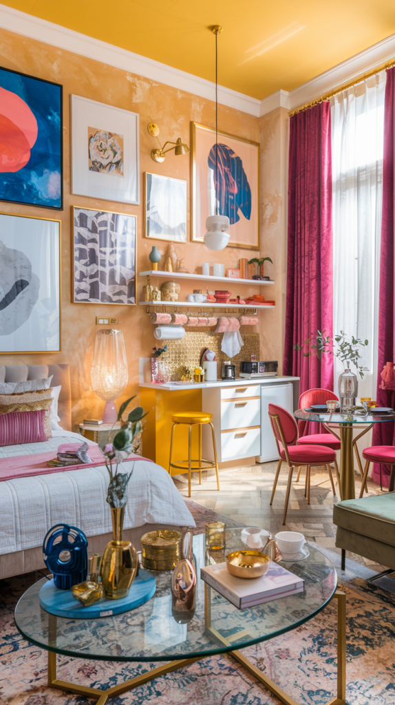 A maximalist living room with bold yellow walls and a gallery of colorful, eclectic artwork. A velvet blue tufted sofa is accented with pillows in various colors and textures. Pink curtains frame a large window. The room features gold, glass, and pink furniture with a mix of decorative elements like vases, books, and plants. A blue ceiling contrasts with the rich tones of the room.