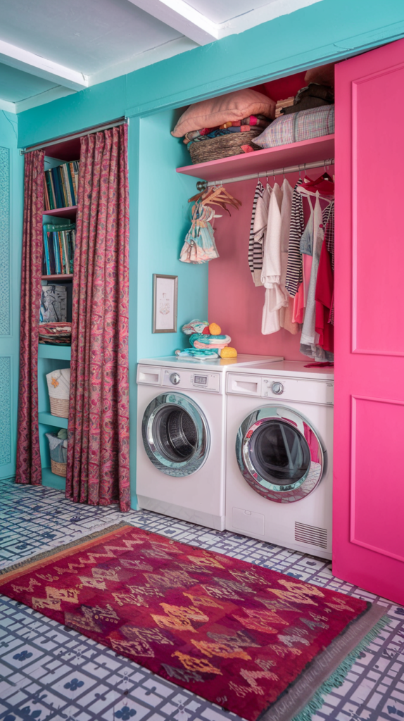 A brightly colored laundry room featuring a turquoise and pink color scheme. On the left, bookshelves are hidden behind patterned curtains. To the right, there’s an open wardrobe with hanging clothes and shelves for linens and baskets. A pair of modern white washer and dryer units sit below the shelves. The floor has a patterned tile design, and a vibrant red and gold rug adds a cozy touch.