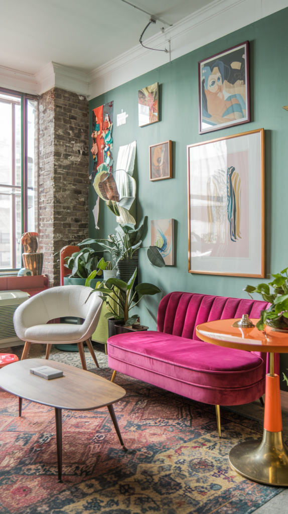 A cozy, maximalist living space with green-painted walls adorned with an eclectic mix of framed artwork and abstract decor. A vibrant magenta velvet loveseat anchors the seating area, complemented by a modern white armchair. A mid-century modern wooden coffee table sits on a richly patterned vintage rug. Lush green potted plants fill the corner, adding a natural touch, while an orange side table with a brass base adds a pop of color. Exposed brick and a large window bring industrial and natural light elements to the room.