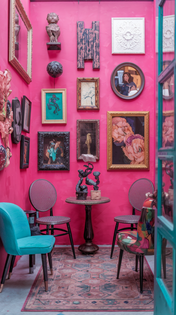 A compact, vibrant sitting area with a hot pink wall adorned with an eclectic collection of art and sculptures. The space features a mix of colorful chairs, including a teal upholstered chair and patterned seat covers. A small round table sits in the center, with decorative items placed on top. A vintage-style rug adds warmth to the room.