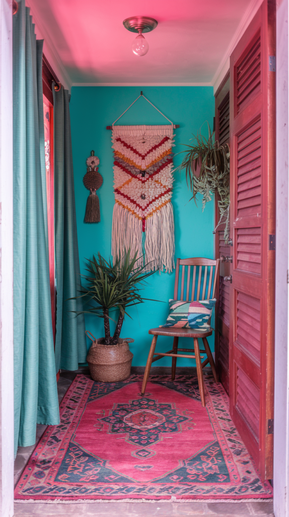 A small, bohemian-inspired entryway painted in teal, with a red shutter-style door on one side. Macramé wall hangings and potted plants add texture and a natural vibe. A wooden chair with a colorful cushion is positioned on a red and teal patterned rug. Soft pink lighting creates a welcoming atmosphere.