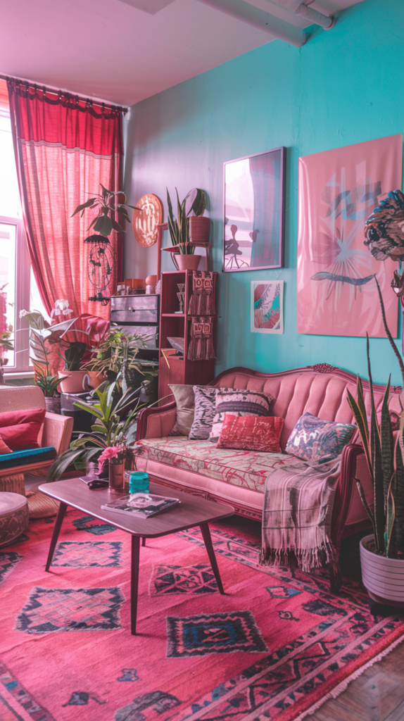 A bold and bohemian living space with turquoise walls and magenta curtains framing a large window. A pink vintage-style sofa with patterned and textured cushions sits against the wall, surrounded by lush plants and art pieces. A vibrant red rug with geometric patterns adds depth to the room, while a wooden coffee table with small decorative items sits at the center.