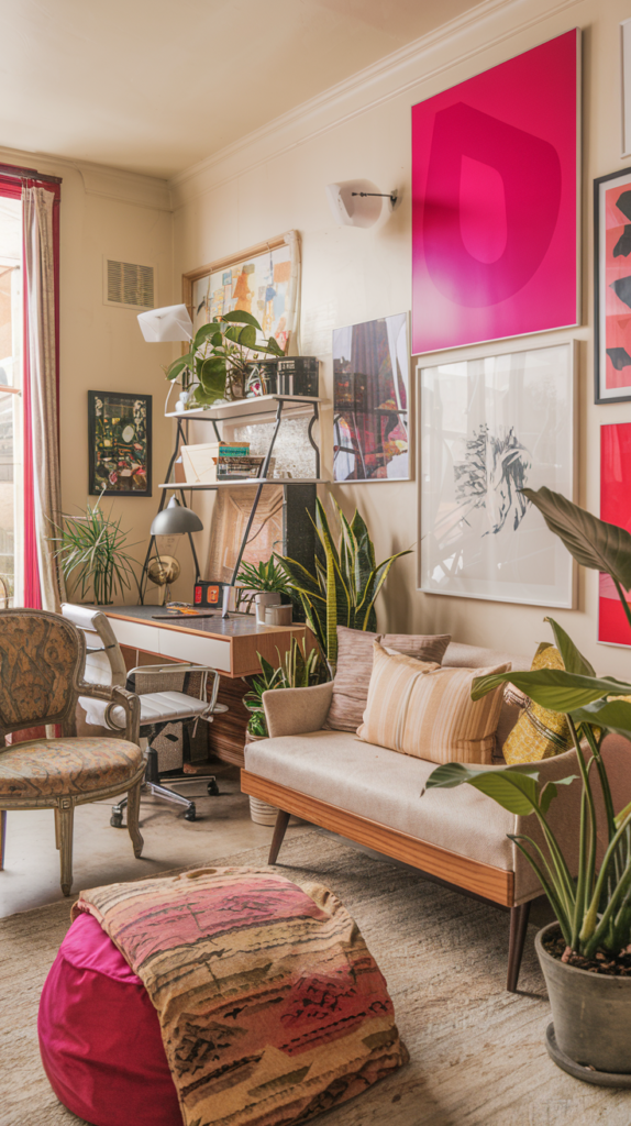 A bright and eclectic living space with neutral walls adorned with bold, colorful artwork, including large pink and red abstract pieces. The room features a mid-century modern sofa with striped and textured pillows, paired with a vibrant magenta pouf draped in a patterned throw. A compact workspace is tucked into the corner, with a sleek desk, a modern desk lamp, and open shelving displaying plants, books, and decorative objects. Lush green plants are scattered throughout, adding natural vibrancy, while a vintage upholstered chair completes the cozy, creative atmosphere. The space is anchored by a soft beige rug.