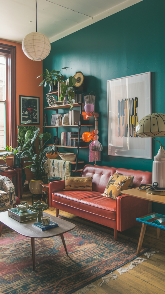 A warm and eclectic living space with deep teal walls and an orange accent wall. A rich red leather couch with patterned cushions sits on a vintage multicolored rug. Shelves filled with books, plants, and decorative items climb the wall behind the couch, while a paper lantern hangs from the ceiling. A wooden coffee table with a mix of curated objects completes the cozy setting.