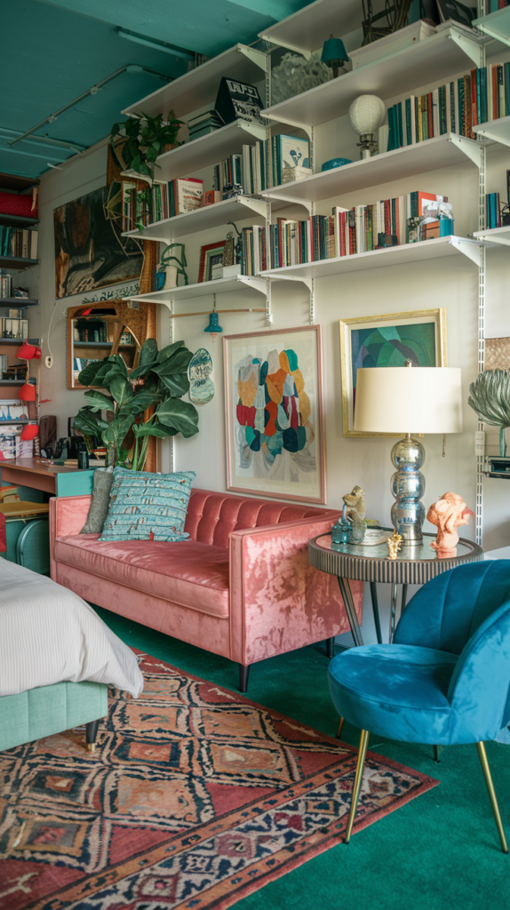 A colorful studio apartment with a vibrant pink velvet sofa, flanked by a modern teal armchair. A large white shelving unit dominates one wall, holding books, artwork, and quirky decor. The green carpet contrasts with the coral and pink tones of the furniture, and a patterned rug ties the space together. A mix of wall art and potted plants adds character.