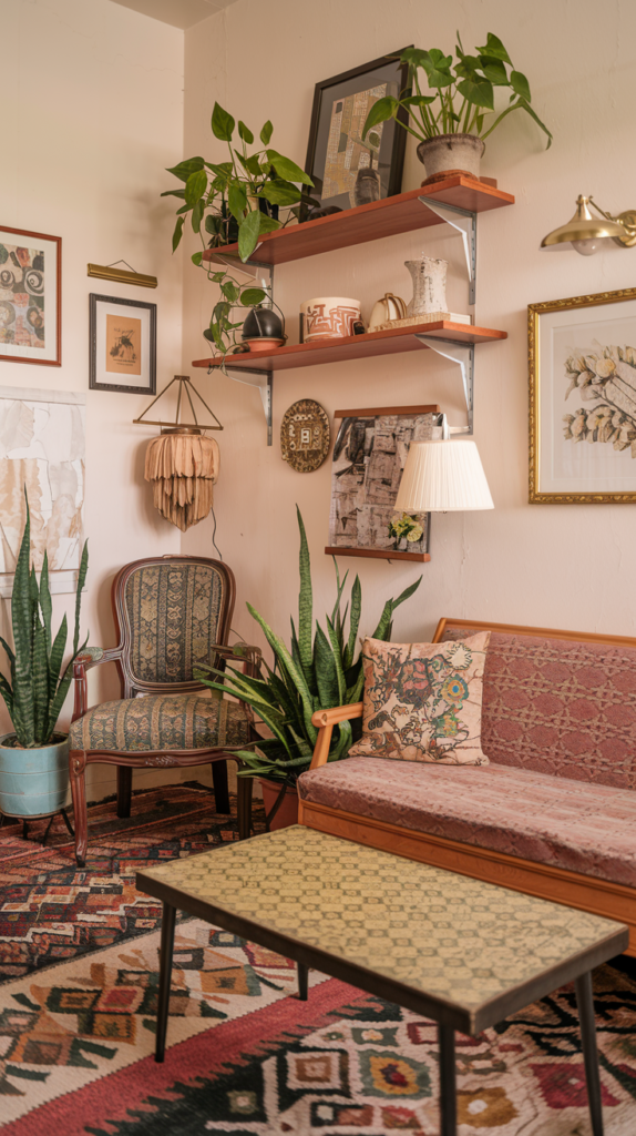 A quaint and earthy sitting area with cream walls and a mix of vintage-inspired furniture. A wooden settee with patterned cushions is paired with a low coffee table featuring a textured green top. Decorative shelves on the wall hold plants, ceramics, and framed art, while lush green potted plants fill the corners. A woven light fixture and layered rugs add warmth and detail.