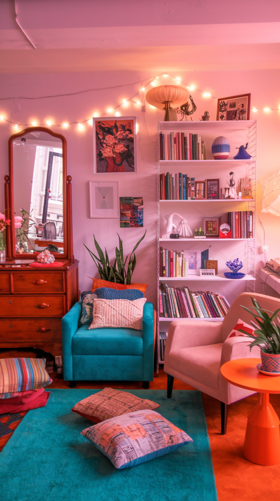 A cozy nook illuminated by string lights, featuring a teal armchair with colorful cushions and a coral side table. A white shelving unit displays books and curated decor items, while a vintage wooden dresser and mirror bring a classic touch. The soft pink lighting enhances the playful and inviting atmosphere, complemented by a turquoise rug and floor cushions.