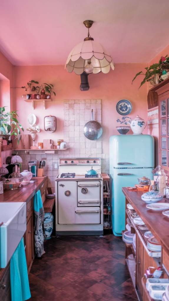 A cozy vintage kitchen with a peach-colored wall. It features an antique white stove with brass accents and a retro-style turquoise refrigerator. Open shelving holds dishes and plants, while a disco ball adds a quirky touch. The wooden countertops and cabinets provide a rustic charm, and a tiled backsplash adds detail.