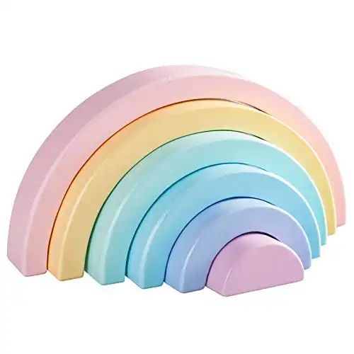 MERRYHEART Wooden Rainbow Small Stacker, 6 Piece Rainbow Stacking Toy for Baby/Toddlers/Kids, Montessori Education Pastel Rainbow Decor, Kindergarten Teaching Aid