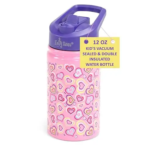 Emily Rose Kids Water Bottle | 12 Ounce Insulated Girls Kid Water Bottle | BPA Free Stainless Steel Bottle for Travel and School | Leak Proof Kids Water Cup with 2 Straws (Playful Hearts Design)