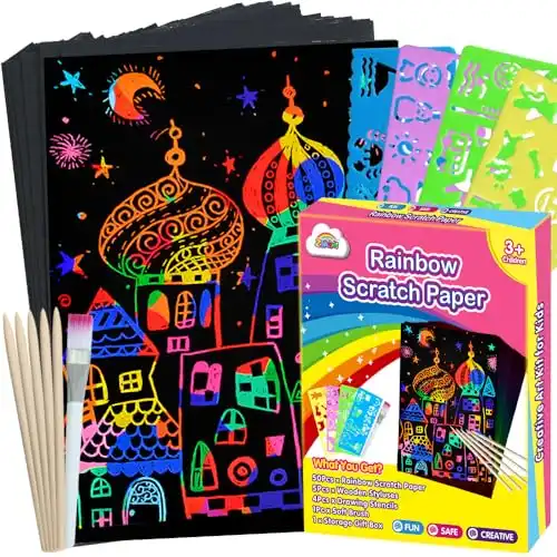 ZMLM Rainbow Scratch Paper Art for Kids - 60 Magic Scratch Paper for Girls Boys Toys and Games, Easter Basket Stuffers for Kids Activities, Valentines Day Crafts Gifts