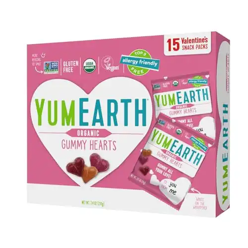 YumEarth Organic Valentine Sugarcoated Gummy Fruit Hearts - Fruity Candy, Gluten Free Snacks for Kids - Allergy Friendly, Non-GMO, No Artificial Flavors or Dyes - Assorted Flavors, 7.5 oz (Pack of 15)