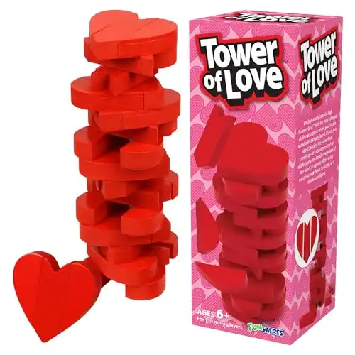 Funwares Wooden Blocks Stacking Game, Tumbling Tower and Balance Game, Family & Party Fun, Game for Kids and Adults, Ages 6+,The Enchanting Heart-Shaped Wood Blocks Stacking Game