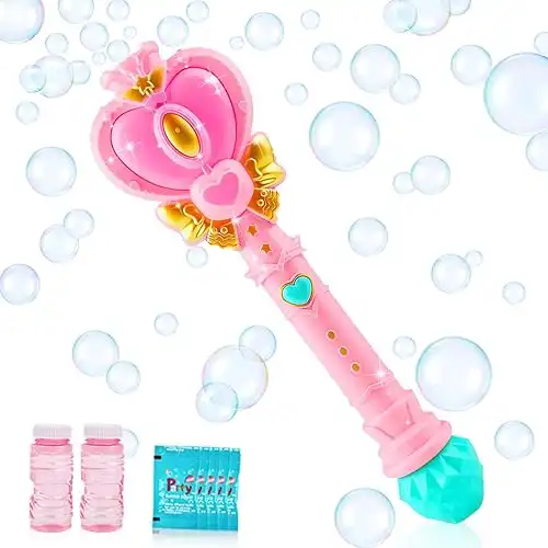 Bubble Wand for Kids, Princess Toy Heart Bubble Machine Blower Maker Outdoor Toy with Light Party Birthday Gifts Christmas Basket Stuffers for 1 2 3 4 5 6 7 8 Year Old Toddler Little Girls Pink