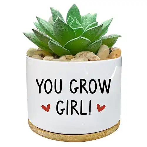 You Grow Girl- White Ceramic Engraved Mini Succulent Aloe Cactus Planter Pot, 3.5 inch Succulent Indoor Flower Plant Pots with Bamboo Tray for Home Office Windowsill Gifts