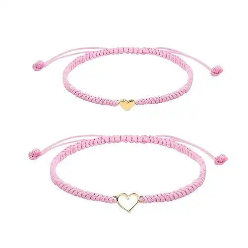 Mother Daughter Bracelets, Mother Daughter Matching Adjustable Heart Bracelets Set of 2 Pink String