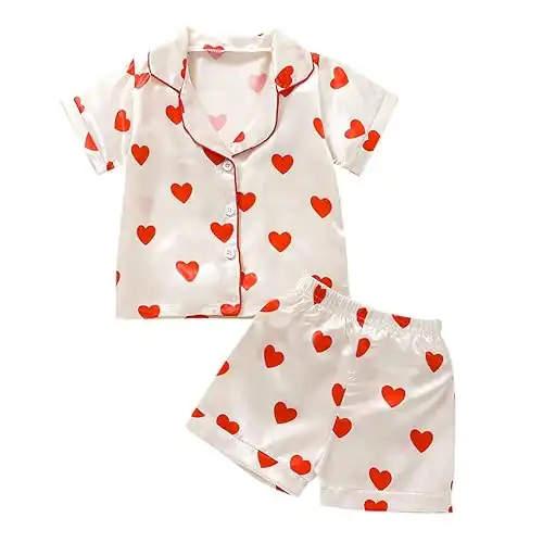 Qiylii 1-6Y Toddler Girls Floral Silk Pajamas Short Sleeve Button-Up Top Shorts Summer 2PC Flowers Satin Pajamas Set