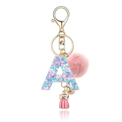 Resin Alphabet Initial Letter Keychain Keyring for Women Purse Handbags With Fur Ball Pom