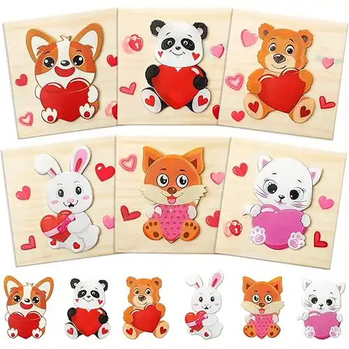 6Pcs Valentine's Day Wooden Puzzles for Kids Heart Panda Rabbit Bear Animal Jigsaw Puzzles 6 Designs Gifts Party Favors for Holiday Preschool Educational Toys, 5.9 in