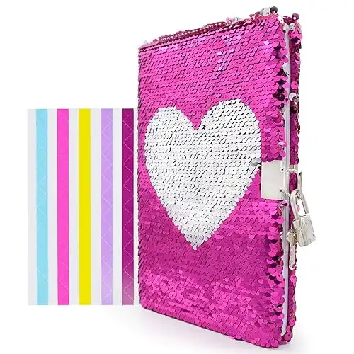 VIPbuy Magic Reversible Sequin Notebook Diary Lined Travel Journal with Lock and Key for Kids Girls, Size A5 (8.5 x 5.5 ), 78 Sheets (Heart)