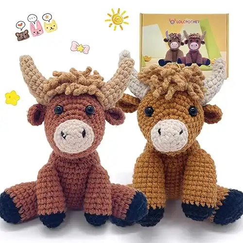 LOLCROCHET Highland Cow Crochet Kit for Beginners, 2 Pcs Animals Amigurumi Crochet Starter Kit with Step-by-Step Video Tutorial, Easy Knitting Set for Kids Adults Crocheting Doll Xmas Gift