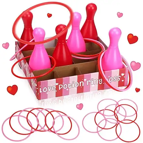 25 Pcs Valentine Bottle Toss Game for Kids Ring Toss Bottle Valentine's Day Games with Pink Red Hearts Box 12 Plastic Bottles 12 Throw Rings for Valentine Party Backyard Outdoor Activity