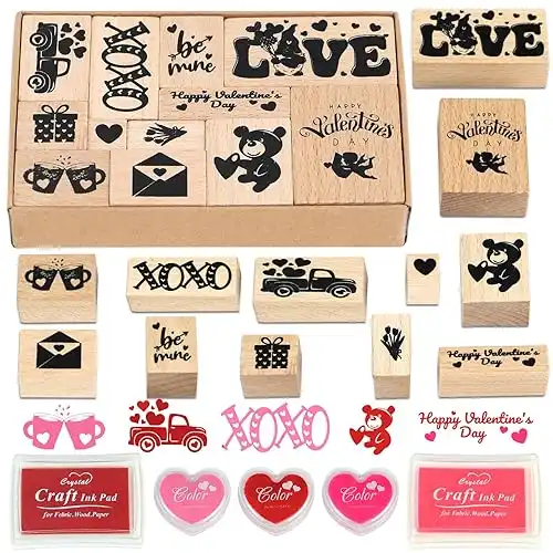 17 Pcs Valentine Wooden Rubber Stamps and Craft Ink Pads DIY Craft Card Stamps Pads for Scrapbooking Kids Art Project Paper Wood Fabric Advent Holiday Stamps (Love)