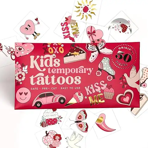 Kids Temporary Tattoos - Beauty & Hearts Style Tattoos for Kids, Hypoallergenic, Pre-Cut, 50 Pcs Original Kid Tattoos, Designs, Valentines Temporary Tattoos Kids - Gift Tattoo, Made in Europe