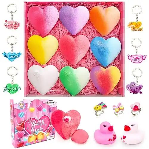 Valentine's Kids Bath Bomb Gift Set Hearts Shape Bath Bomb with Surprise Toys Inside Bubble Bath Bombs for Girl Party Favors Classroom School Prize Exchange Gifts