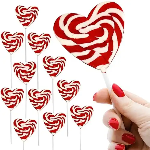 12 Heart Lollipops | HUGE 3 inch Candy Swirl Heart Shapped Red White Lollipops | Non Broken| Delicious Lollipop Candy For Children and Adults -(RED)