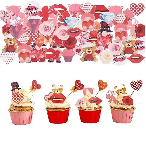 68PCS Edible Cake Cupcake Toppers Happy Valentine's Day Cake Toppers Edible Wafer Paper Cake Decorations for Wedding Engagement Theme Party Suppliers