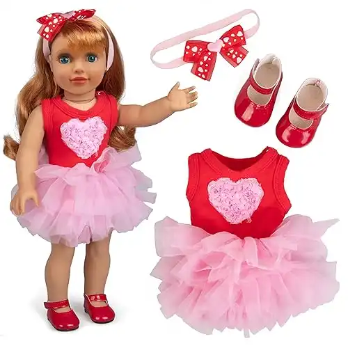 3pc Pink Heart Valentine's Day 18" Doll Outfit w Hair Bow - American Clothes & Accessories Set Includes Valentines Day Dress, Headband, & Shoes - Girl Valentines Gift