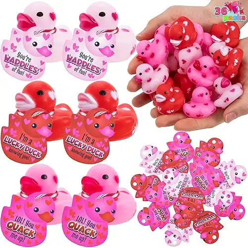 JOYIN 36 Pcs Valentine s Day 1.1 Inches Mini Rubber Duck with Gift Cards, Small Rubber Duckies with Duck Card Tags, Rubber Duck Bath Toys for Classroom Exchange Prizes, Valentine Party Favors Toys