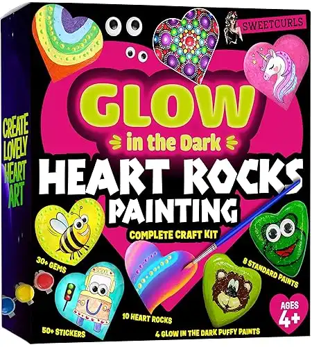 Hearts Rock Painting Kit for Kids - Glow in The Dark - Arts and Crafts for Girls Ages 4-12 Christmas Gifts for Girls Art Toys Kids Craft Kits Birthday Gifts for 4 5 6 7 8 9 10 11 12 Year Old Girls