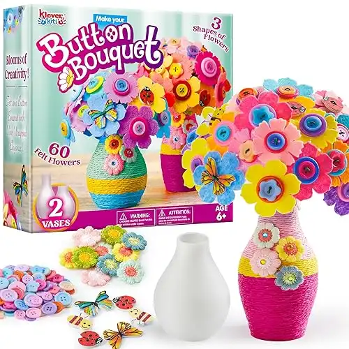 Klever Kits Button Flower Craft with 2 Vases - Make Your Own Flower Bouquet with Button and Felt - DIY Flower Kits Art and Crafts Gift for Birthday