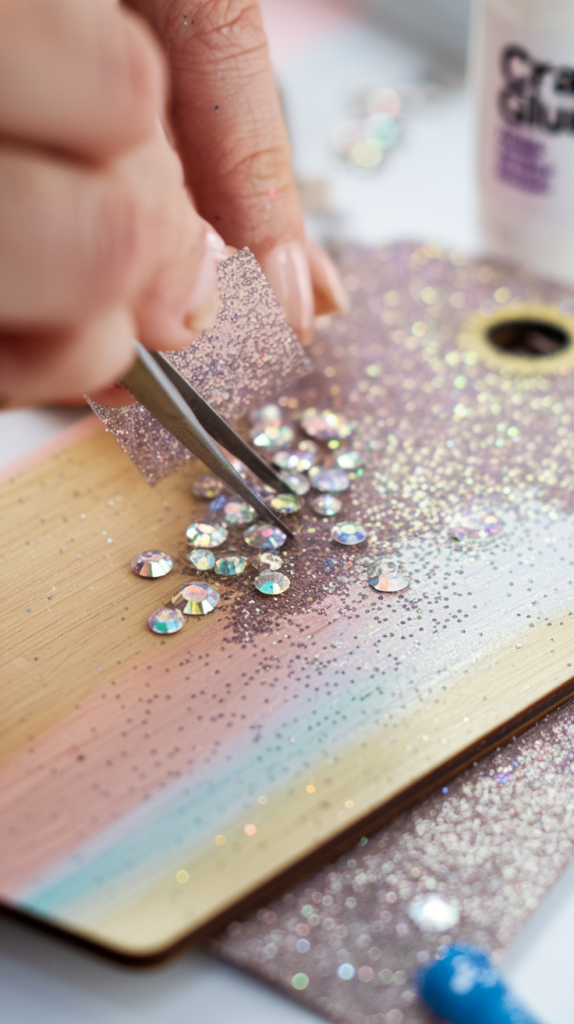 A macro-style image that zooms in on a person placing iridescent rhinestones along the edge of a glittery wooden tag with tweezers. Craft glue bottle in the background, sparkles everywhere, and a hint of pastel color from the painted tag visible behind the rhinestones.