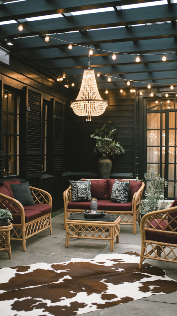 chic outdoor patio with dark walls and rattan furniture