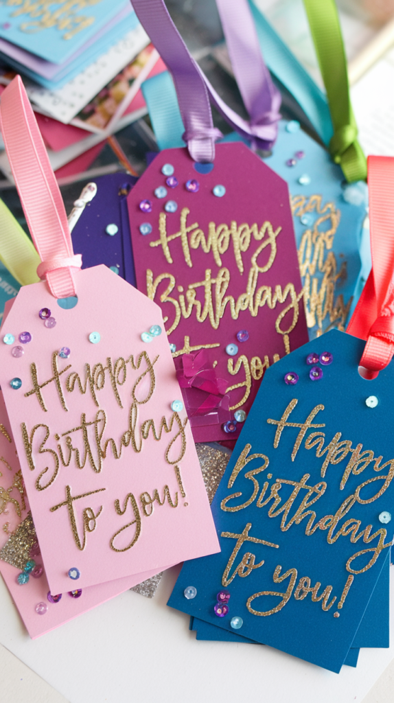 A cheerful final scene displaying all completed wooden tags: painted in pastel tones, glittery embellishments, rhinestones, and short messages. Show ribbons or twine in matching colors threaded through their holes. Composition is bright and photo-ready, with a present or gift box nearby for context.