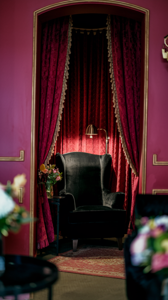 A photo of a cozy reading nook with deep red walls, gold-trimmed curtains, and a black velvet armchair. There is a reading lamp on the armchair. There is a small table beside the armchair with a vase of flowers. There is a rug on the floor. The background is blurred.