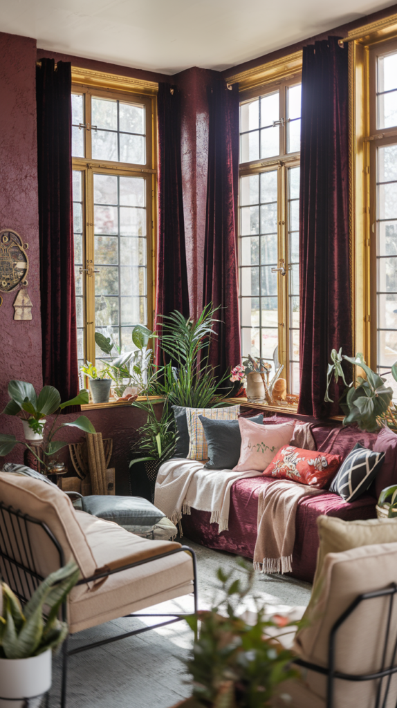 A photo of a cozy sunroom with textured dark red walls, gold-vintage framed windows, and comfortable seating. There are black velvet curtains over each window. There are plants and decorative items scattered around the room. The lighting is soft.