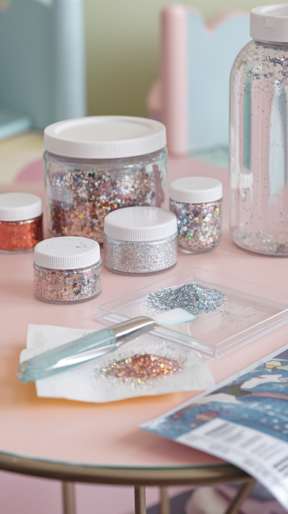 A wide-angle shot of a craft table with multiple jars of glitter: fine, chunky, and mixed textures. Show a clear adhesive or decoupage medium, a small palette knife or brush for glue application, and a piece of scrap paper for catching excess glitter. Background remains pastel and inviting.