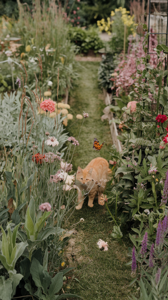 orange cat in a cut flower garden