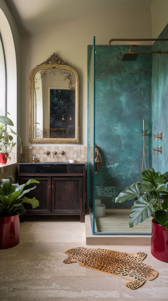 A photo of a modern bathroom with verdigris and neutral colors. The room contains a gold antique mirror and a glass shower. The floor is made of beige tiles. There is a dark mahogany vanity with a white countertop. The room has two monstera plants in cherry red planters in the bottom right corner. There is a zebra print bath rug right outside the shower. The lighting is soft.