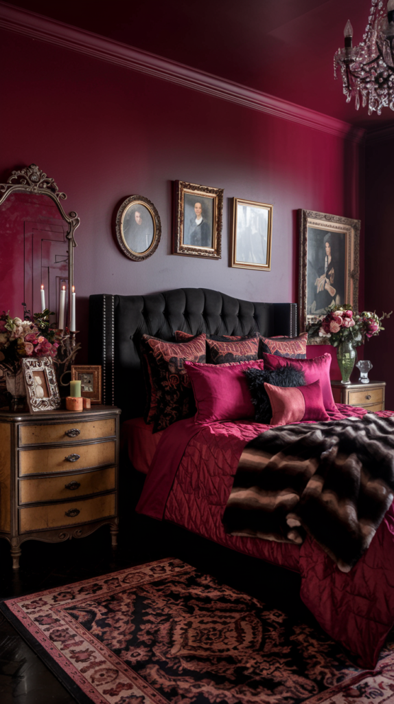 A photo of a sophisticated bedroom with deep burgundy walls. A plush bed with rich red and black bedding is positioned against the wall, adorned with various pillows and a fur throw. Above the bed, there are framed portraits and an ornate mirror. To the left, a vintage-style nightstand holds a candle, a photo frame, and a vase with flowers. The room is further decorated with a patterned rug on the floor and a chandelier hanging from the ceiling.