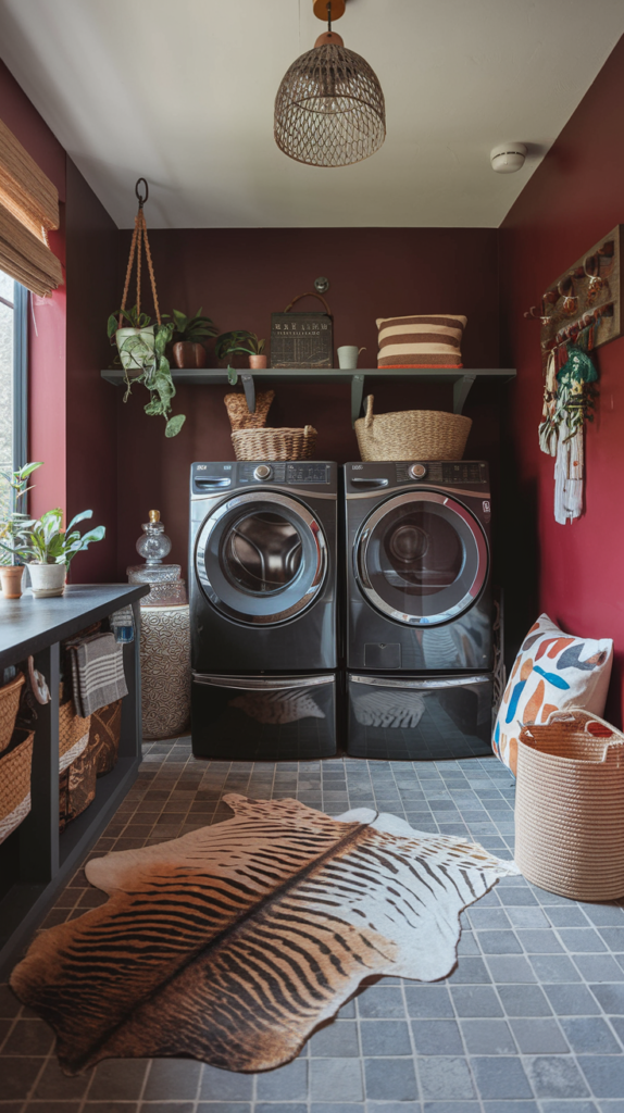 A photo of a stylish laundry room with dark red walls, boho fixtures, and modern appliances. The room features a black washing machine and dryer. The floor is covered with an animal print rug, and the flooring is gray ceramic tiles. There is a basket near the washing machine and dryer. The room has a few personal items, such as a plant and a decorative pillow.